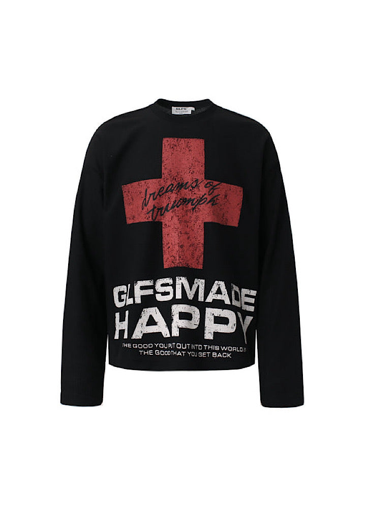 【TR BRUSHSHIFT】Red cross front design with initials on the back Loose long-sleeved T-shirt  TB0061