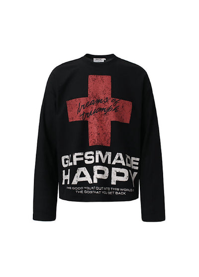 【TR BRUSHSHIFT】Red cross front design with initials on the back Loose long-sleeved T-shirt  TB0061