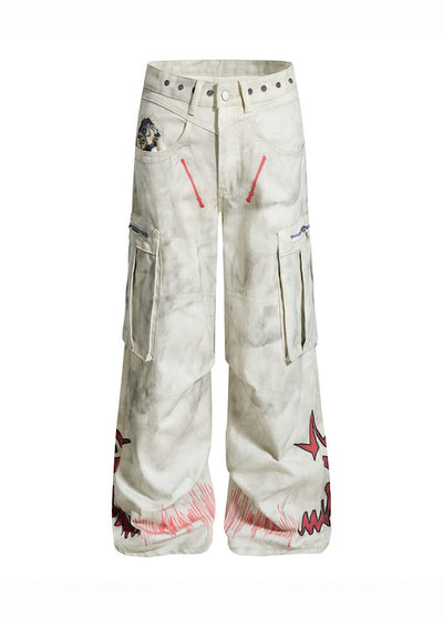 【TR BRUSHSHIFT】Whitewashed base with red point design wide cargo denim pants  TB0060