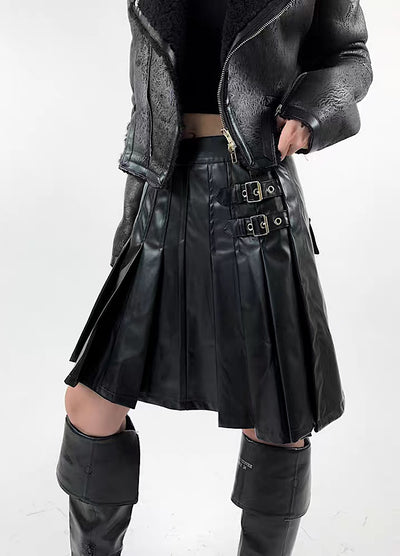 [Rouge] Buckle belt design basic ruffle skirt RG0012
