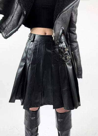 [Rouge] Buckle belt design basic ruffle skirt RG0012