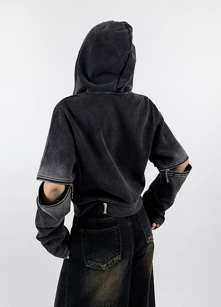 【Rouge】Washed double zip design grunge style hoodie  RG0013