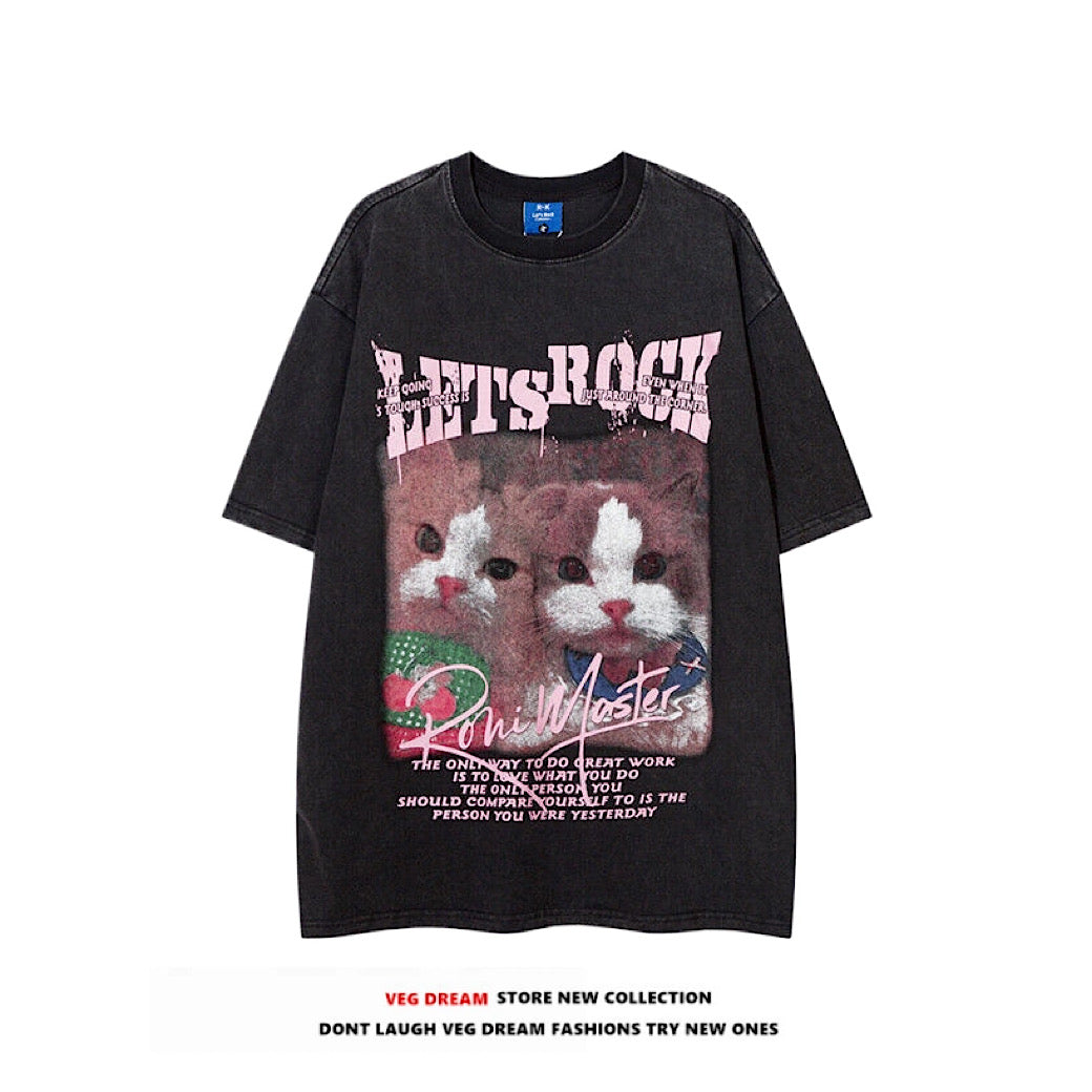 【VEG Dream】Double cat front design grunge style short sleeve T-shirt  VD0222