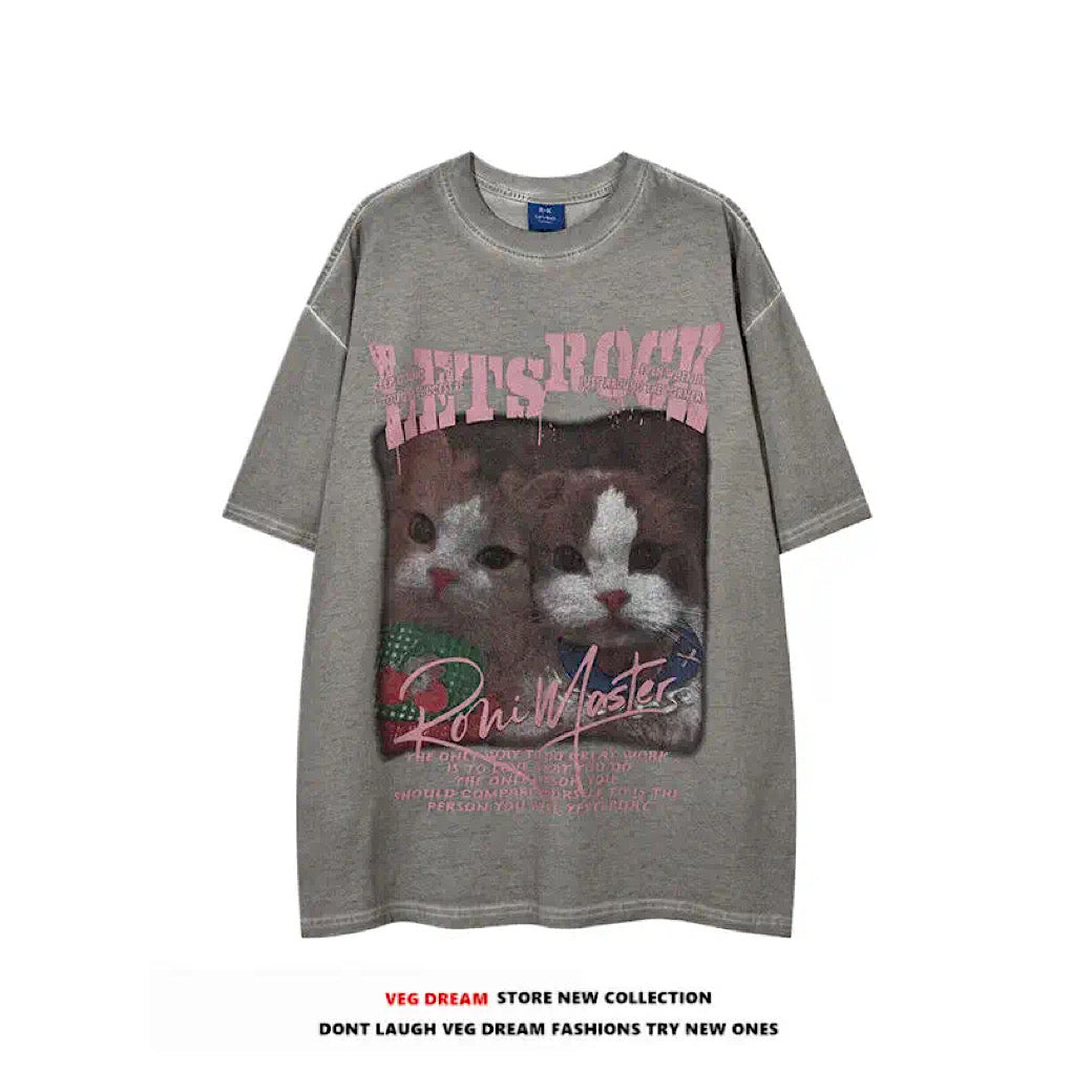 [VEG Dream] Double cat front design grunge style short sleeve T-shirt VD0222
