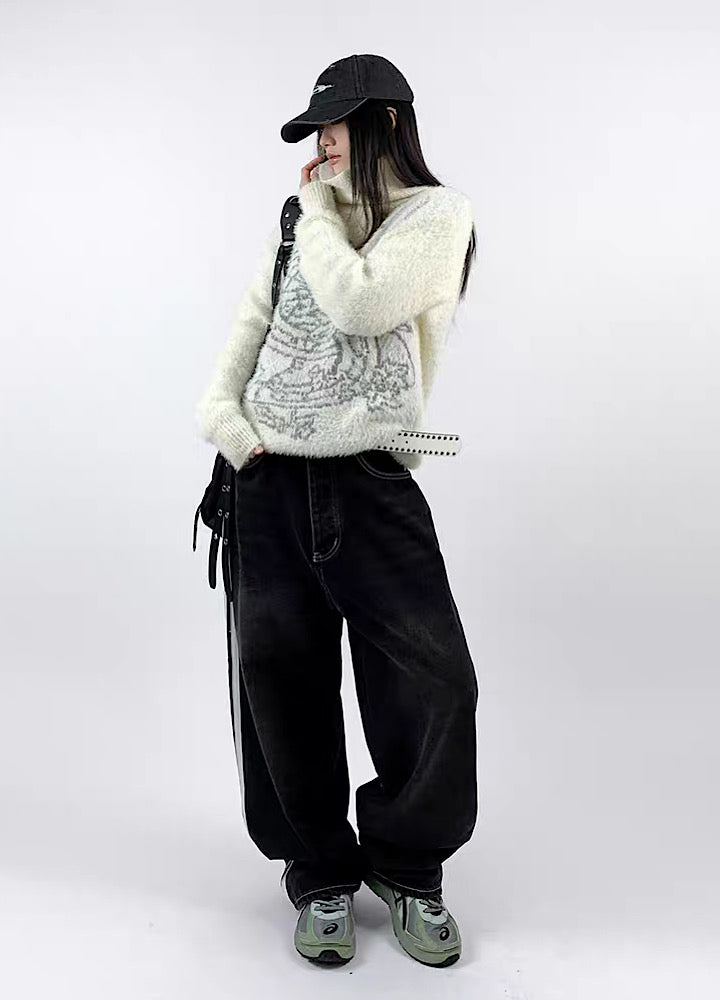 【Rouge】White side line design wide silhouette denim pants  RG0014