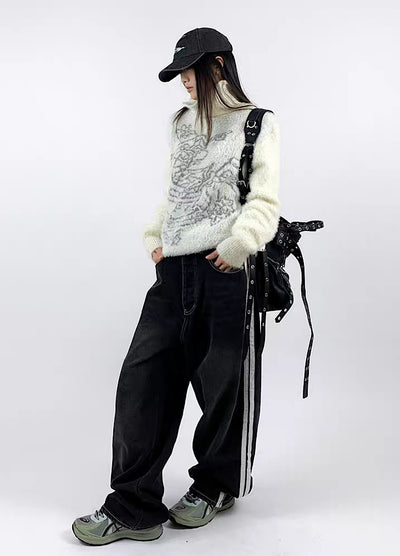 【Rouge】White side line design wide silhouette denim pants  RG0014