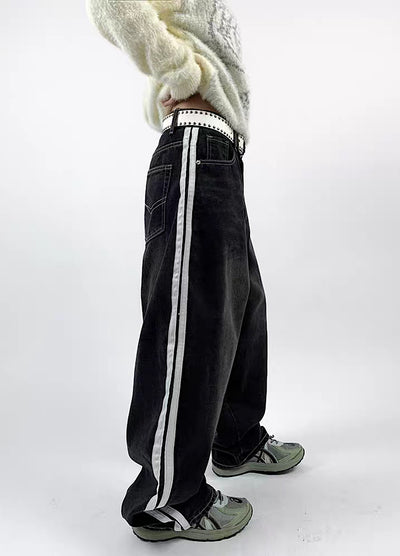 [Rouge] White side line design wide silhouette denim pants RG0014