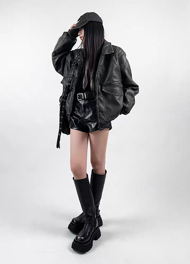 【Rouge】Regular silhouette design mode style leather jacket  RG0016