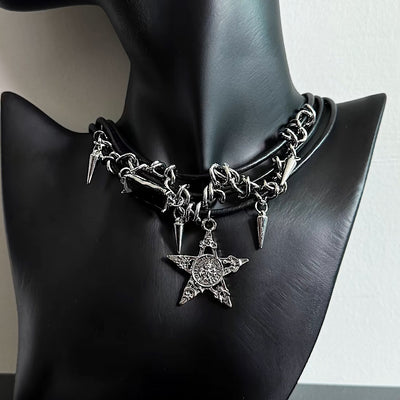 【6/14新作】Leather cord and alloy design double silhouette necklace  HL3159
