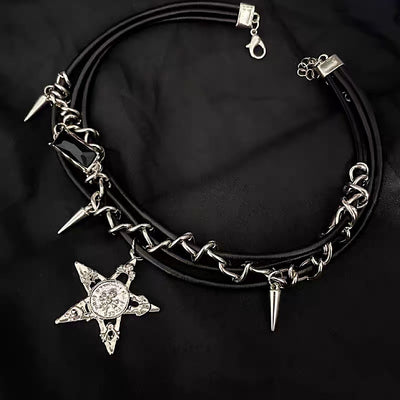 【6/14新作】Leather cord and alloy design double silhouette necklace  HL3159