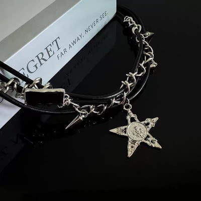 【6/14新作】Leather cord and alloy design double silhouette necklace  HL3159