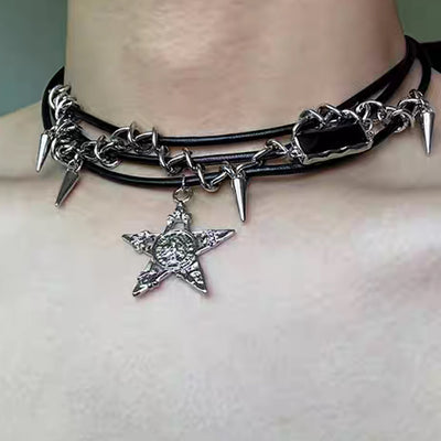 【6/14新作】Leather cord and alloy design double silhouette necklace  HL3159