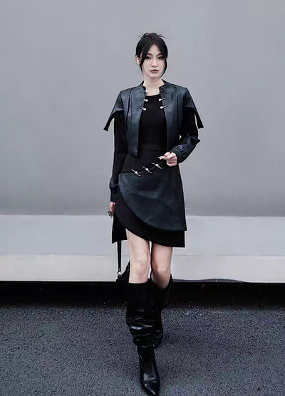 【CHICSKY】Gimmick leather design straight silhouette black skirt  CH0023