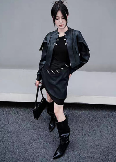 [CHICSKY] Gimmick leather design straight silhouette black skirt CH0023