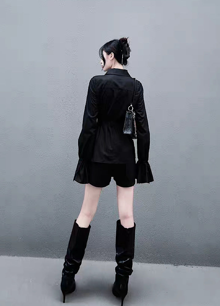 [CHICSKY] Slim silhouette ruffle noble design black shirt CH0024