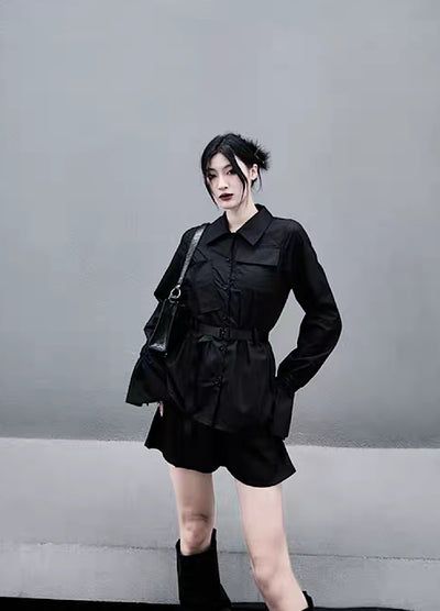 [CHICSKY] Slim silhouette ruffle noble design black shirt CH0024