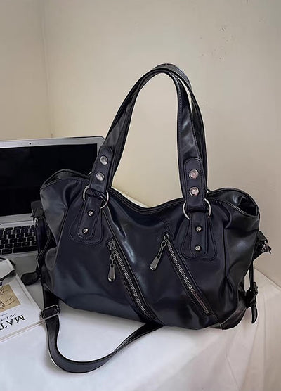【4/2新作】Faux Leather Design 2-Way Double Zip Silver Accent Shoulder Bag  HL3254