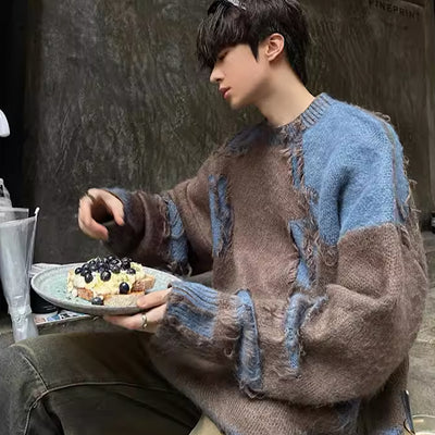 [Jmhomme] Patched gimmick design double color vintage knit sweater JH0005