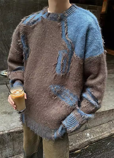 【Jmhomme】Patched gimmick design double color vintage knit sweater  JH0005