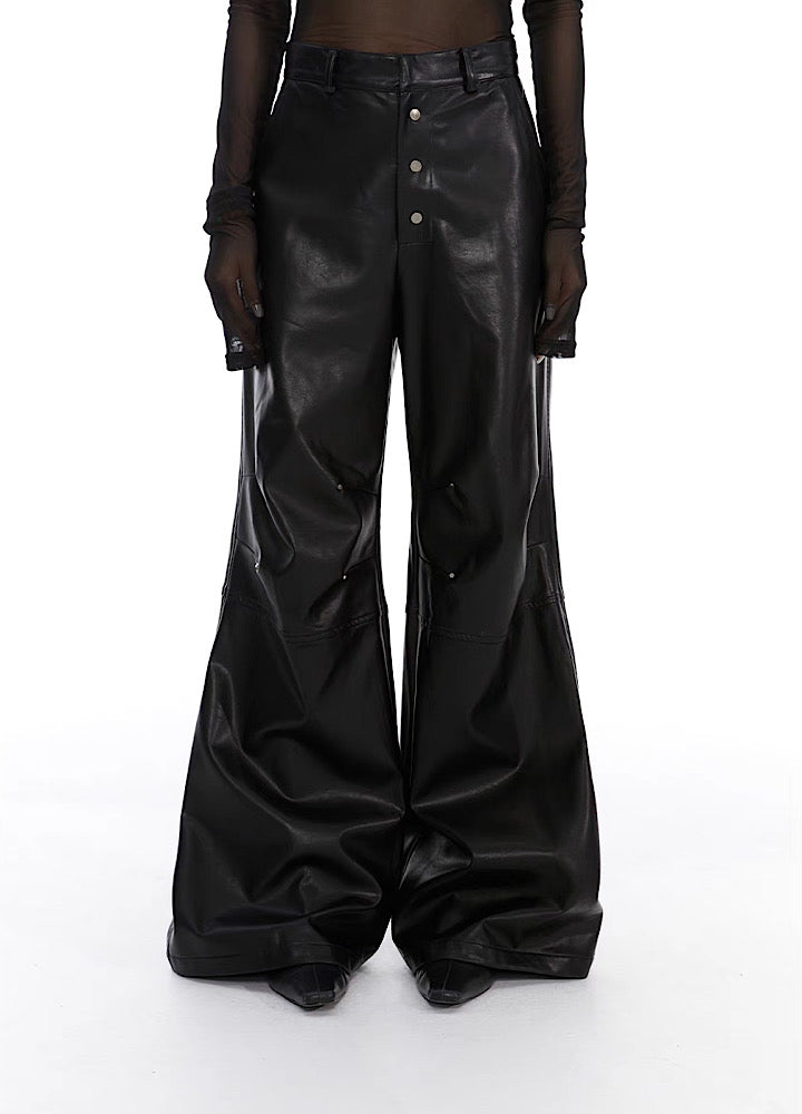 【THELIGHT】Leather silhouette direct wide overflare design pants  TL0002