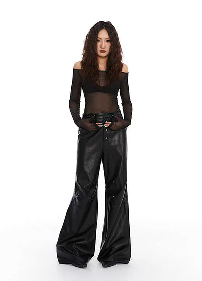 [THELIGHT] Leather silhouette direct wide overflare design pants TL0002