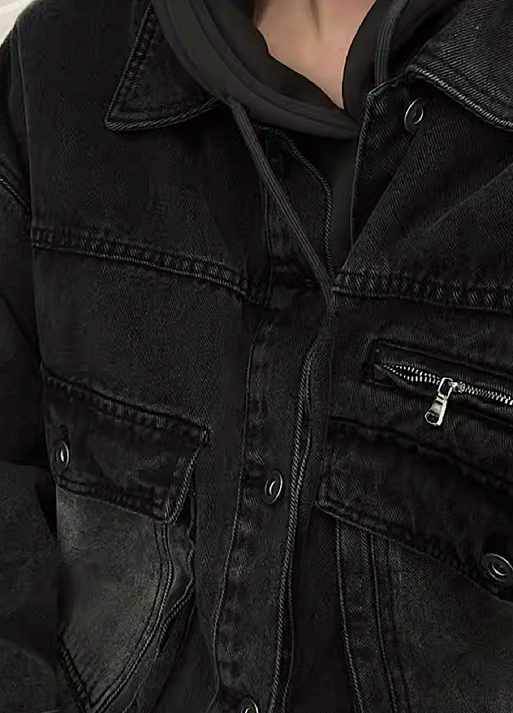 [Jmhomme] Vintage washed simple denim black jacket JH0007