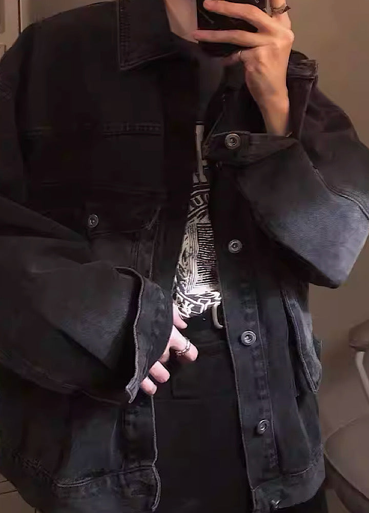 【Jmhomme】Vintage washed simple denim black jacket  JH0007