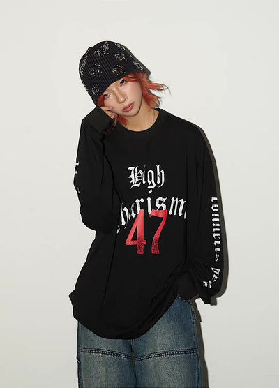 【MICHINNYON】Front initial number design oversized simple long-sleeved T-shirt  MY0074