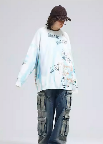 [A SQUARE ROOT] Doodle Art Nate Picture Pastel Color Knit Sweater AR0013