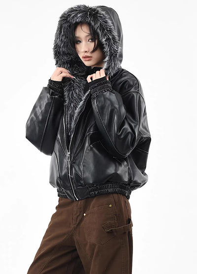 【OV】Synthetic leather design simple style fur hoodie mode jacket  OV0014