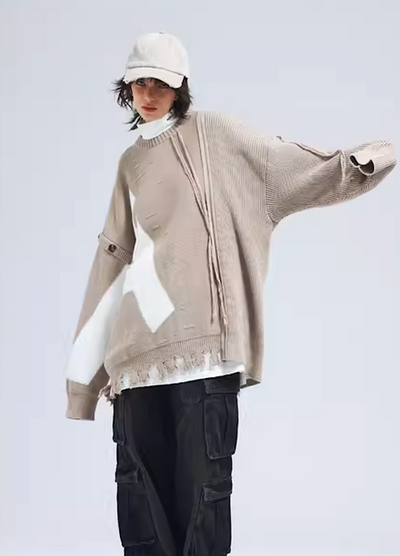 [A SQUARE ROOT] Half initial ad raiser frayed mid-damage knit sweater AR0016