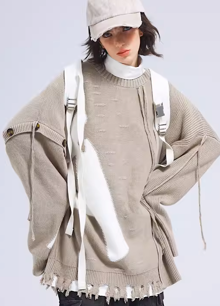 [A SQUARE ROOT] Half initial ad raiser frayed mid-damage knit sweater AR0016