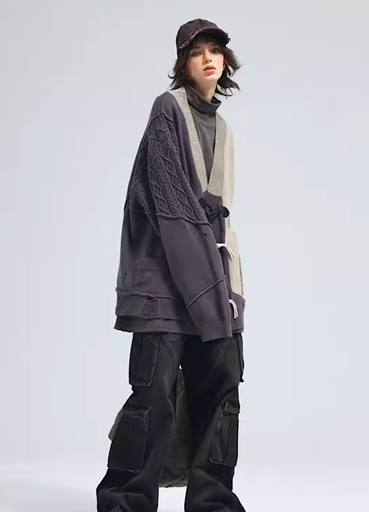 【A SQUARE ROOT】Double color asymmetric style loose silhouette cardigan  AR0017