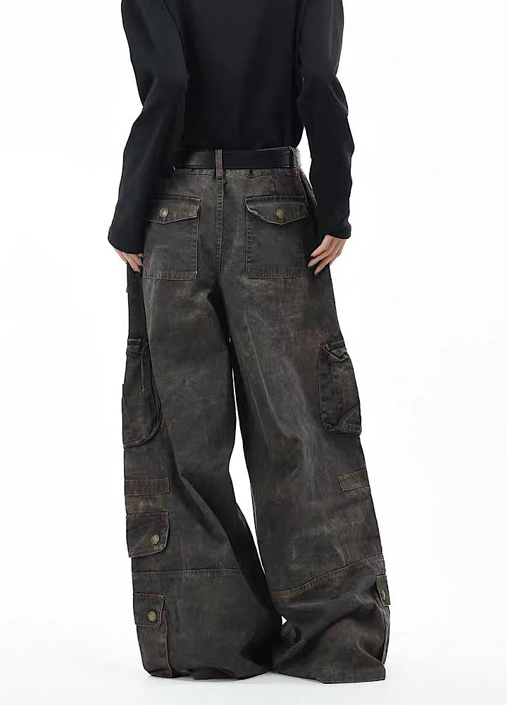 OV】Vintage grunge style wide silhouette gimmick denim pants 