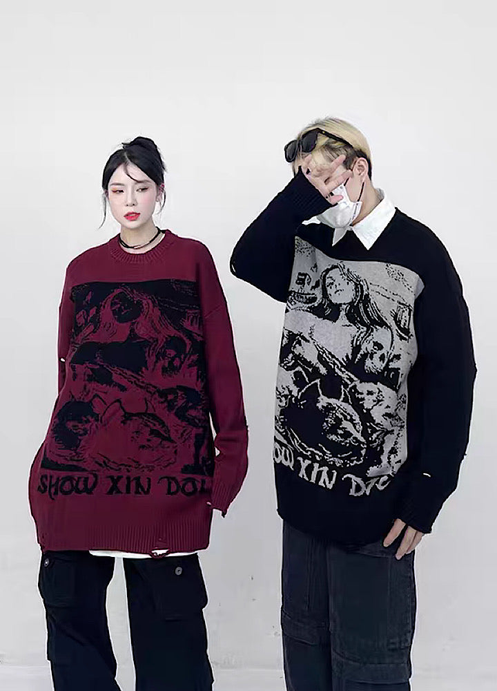 [CEDY] Subculture front illustration design middle damage knit CD0039