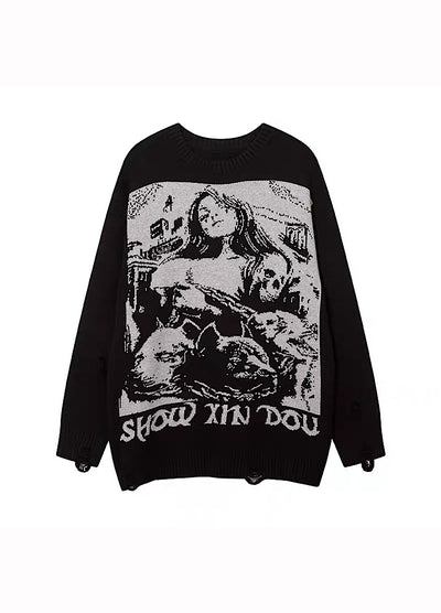 [CEDY] Subculture front illustration design middle damage knit CD0039