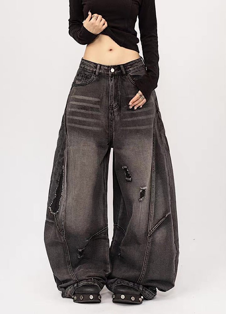 【ZERO STORE】Multi-wave line design dull wash distressed denim pants ZS ...