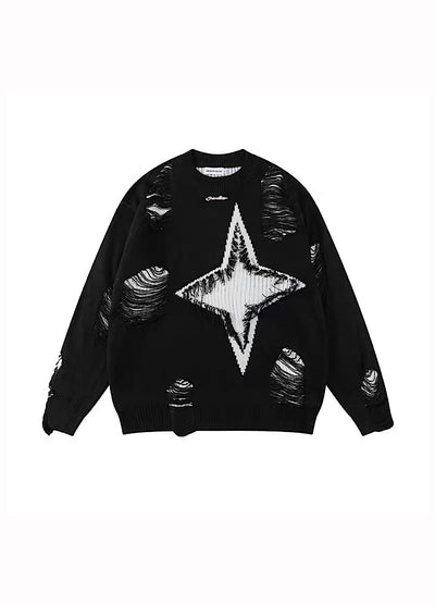 【CEDY】Fiber Star Design Distressed Overknit Sweater  CD0040