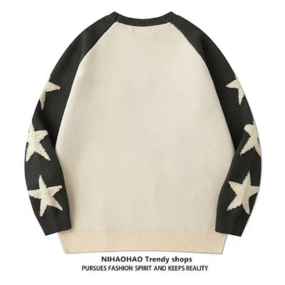 【NIHAOHAO】Sleeve star design front frayed chick knit sweater  NH0075