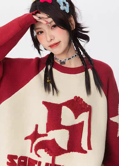 [NIHAOHAO] Sleeve star design front frayed chick knit sweater NH0075