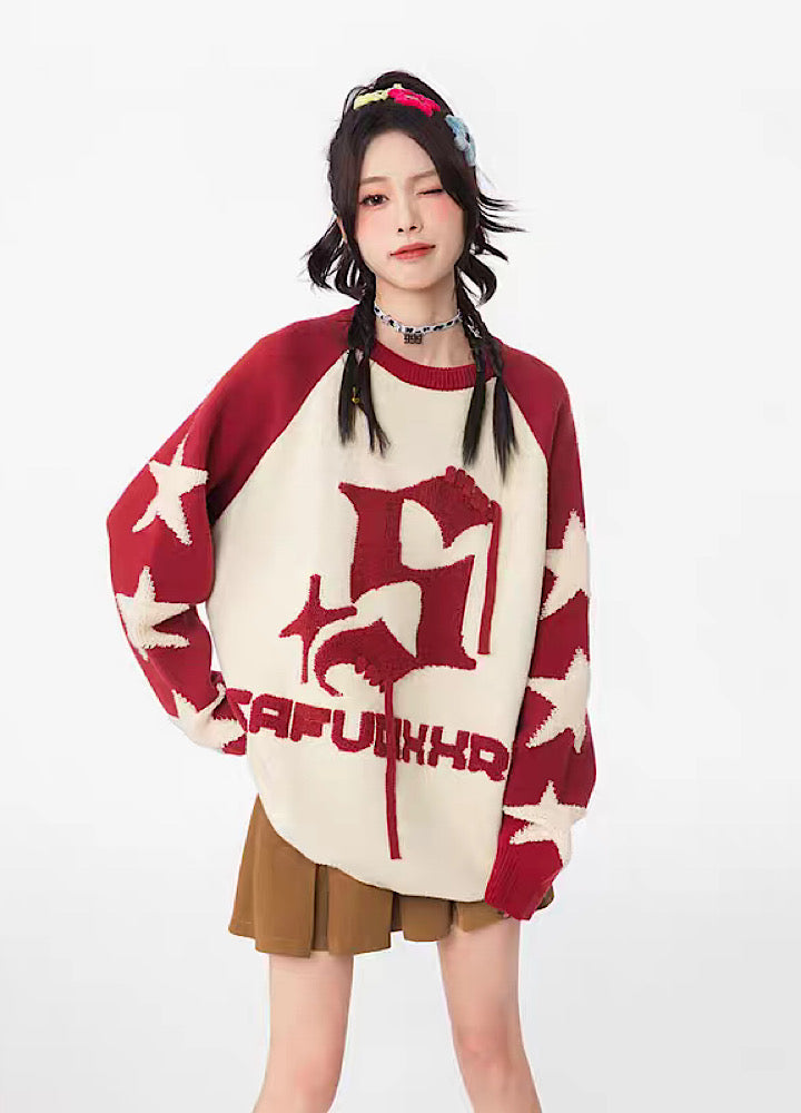 【NIHAOHAO】Sleeve star design front frayed chick knit sweater  NH0075