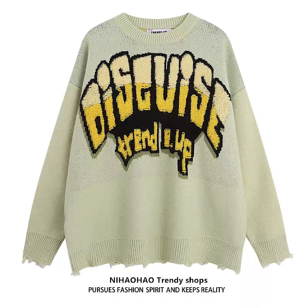 [NIHAOHAO] Pop casual initial design middle damage knit sweater NH0077