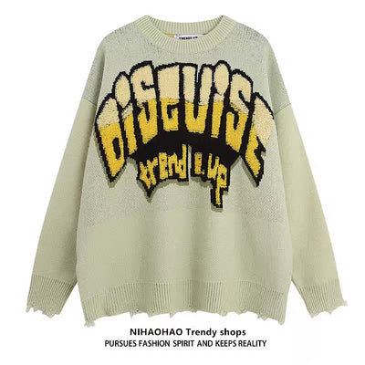 【NIHAOHAO】Pop casual initial design middle damage knit sweater  NH0077