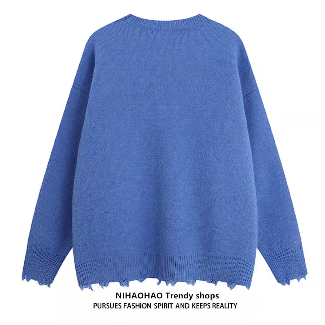 [NIHAOHAO] Pop casual initial design middle damage knit sweater NH0077