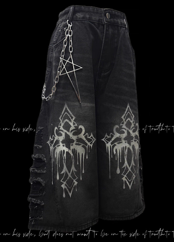 【Miub】Double print design washed side damaged denim shorts  MB0005