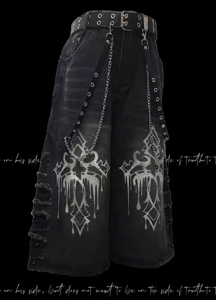 【Miub】Double print design washed side damaged denim shorts  MB0005