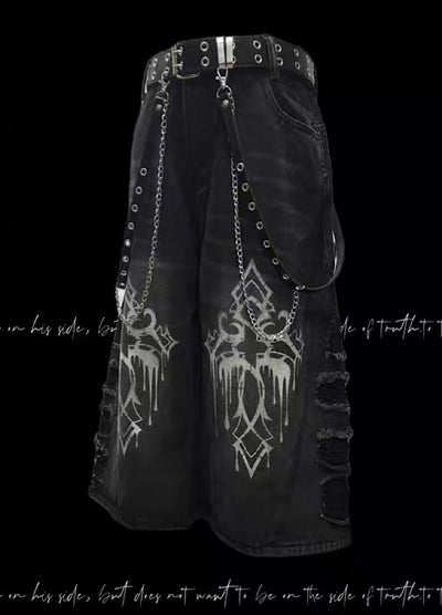 【Miub】Double print design washed side damaged denim shorts  MB0005