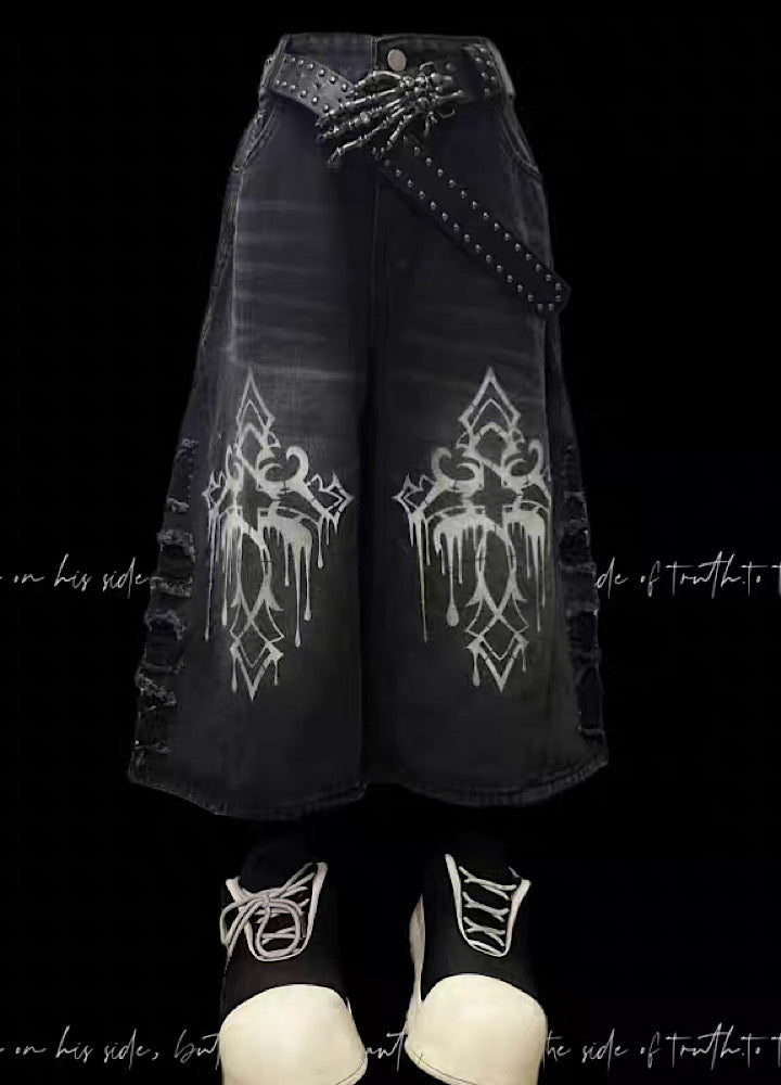 【Miub】Double print design washed side damaged denim shorts  MB0005