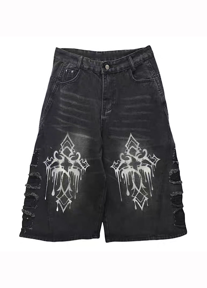 【Miub】Double print design washed side damaged denim shorts  MB0005
