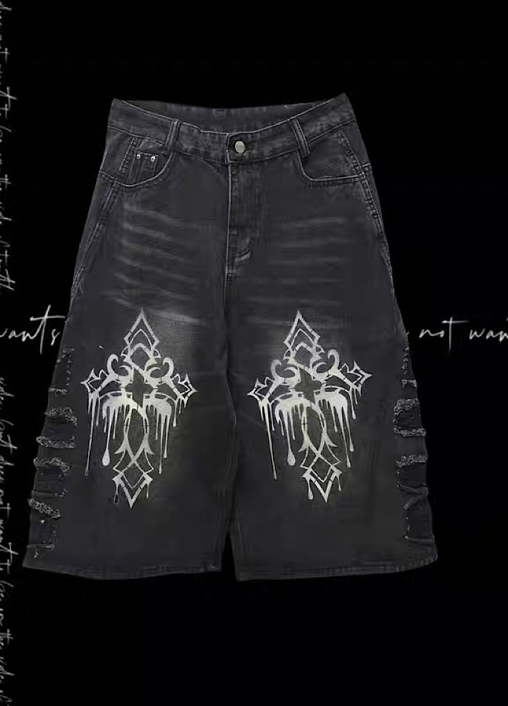 【Miub】Double print design washed side damaged denim shorts  MB0005